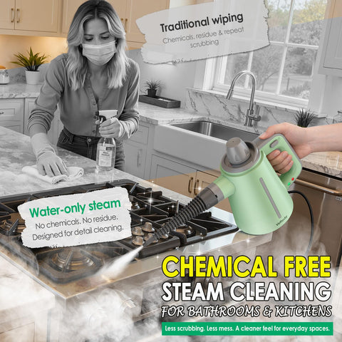 VeRosky steam cleaner deep cleans shower doors using chemical-free steam