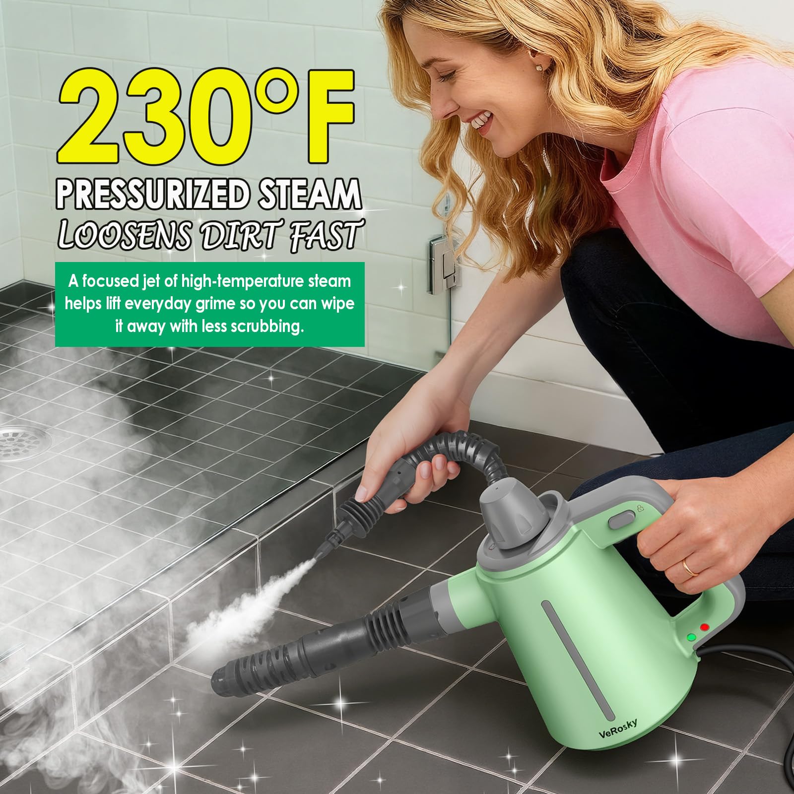 VeRosky steam cleaner clears sink buildup around fixtures with pressurized steam
