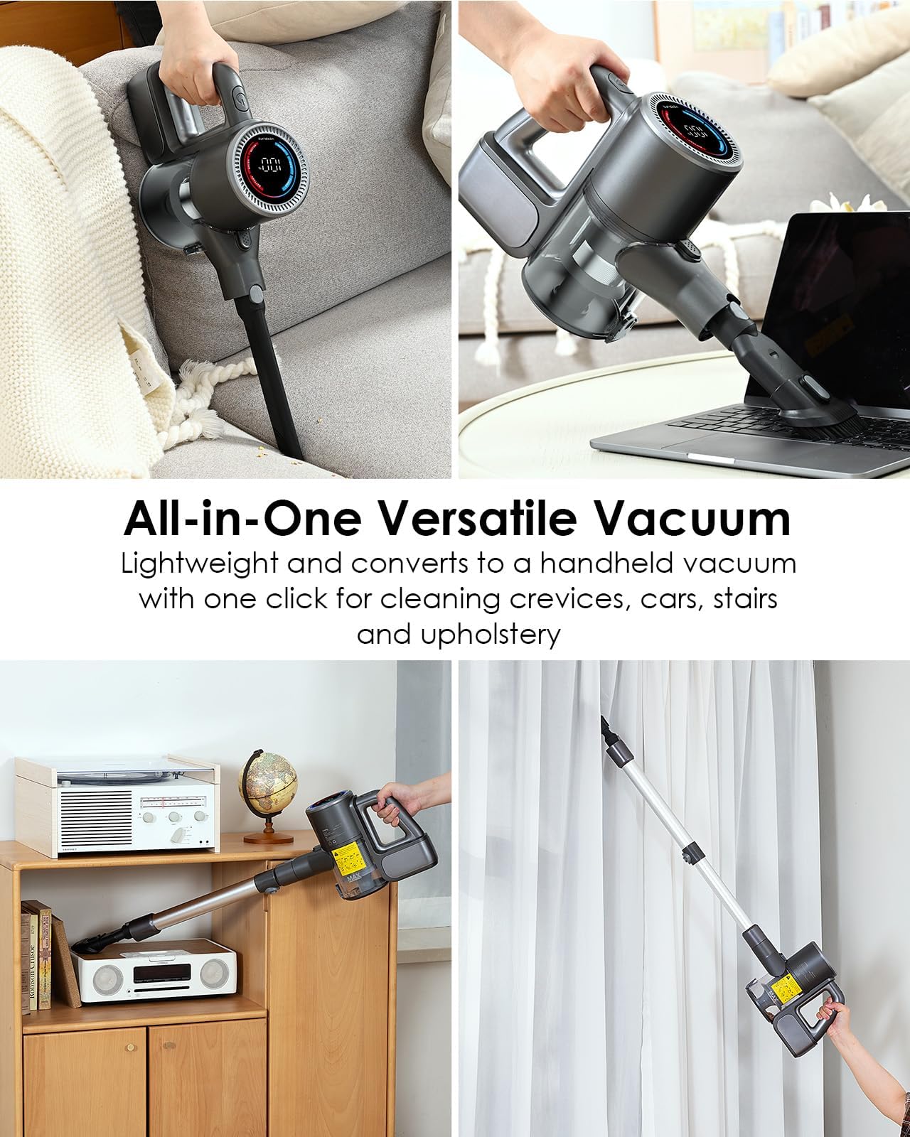 VersLife ergonomic swivel head reaches under furniture for tight spaces
