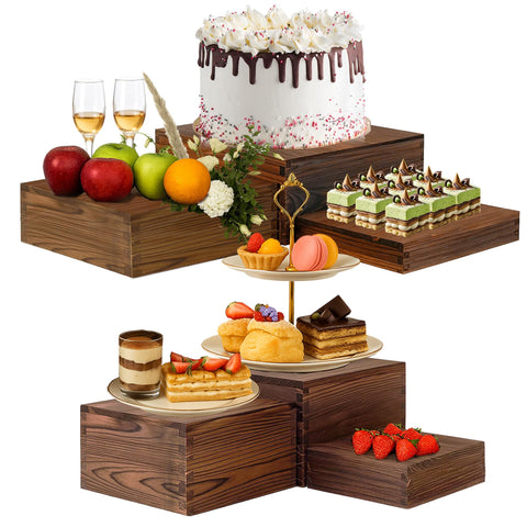 Verssure 6-piece wooden risers set on buffet elevates desserts for multi-level presentation