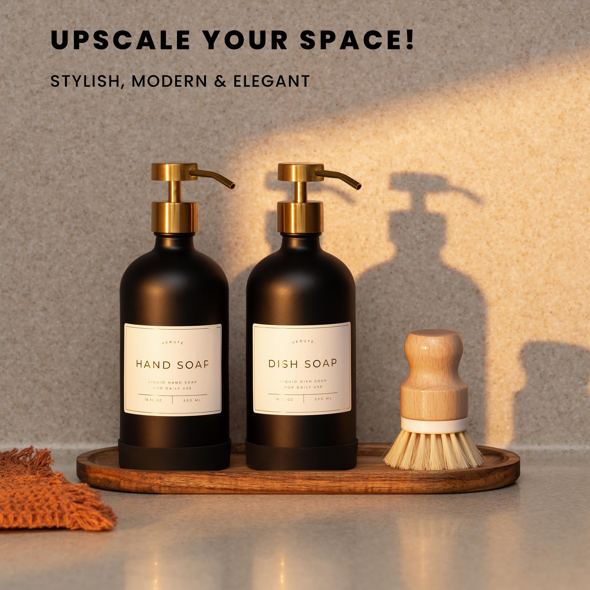 Verute amber glass bottles add elegant storage to kitchen or bath