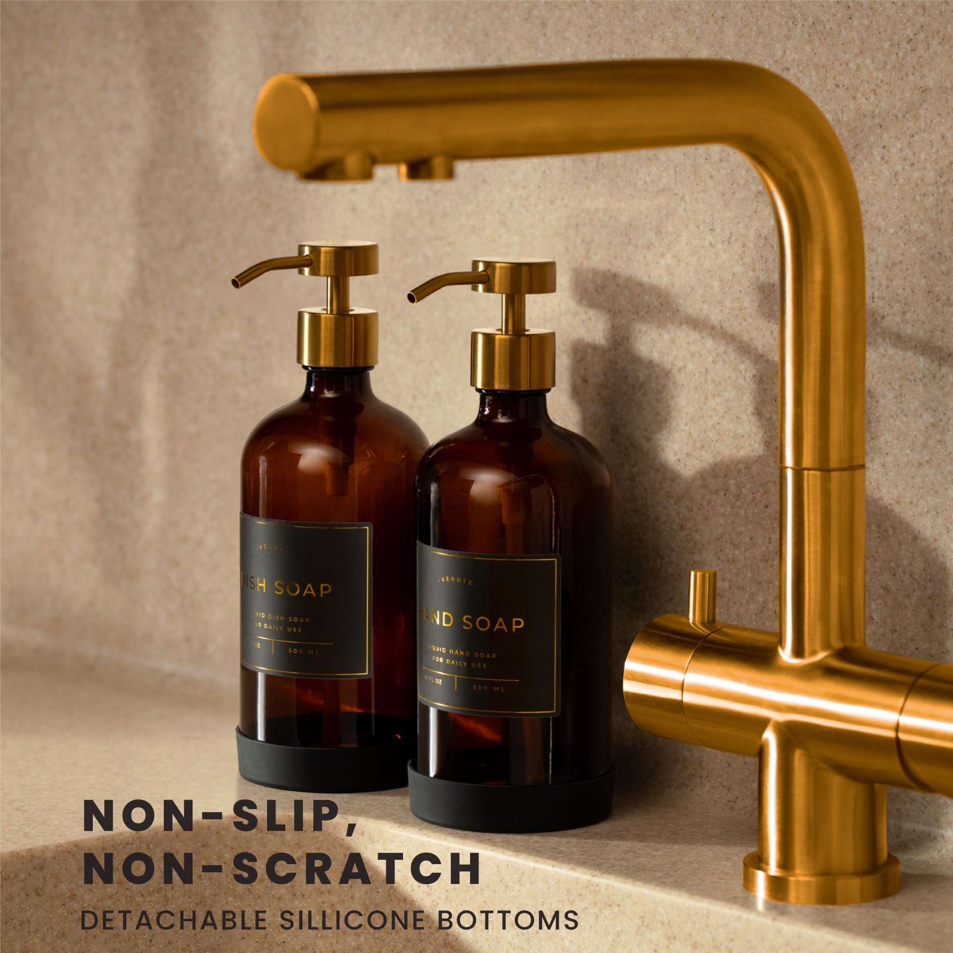 Verute amber glass bottle featuring a brushed gold pump