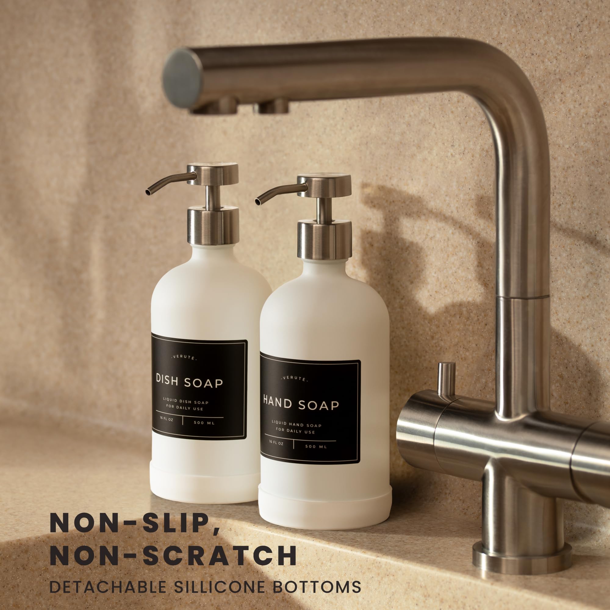 Verute brushed-silver pump detail adds a modern touch to any sink.