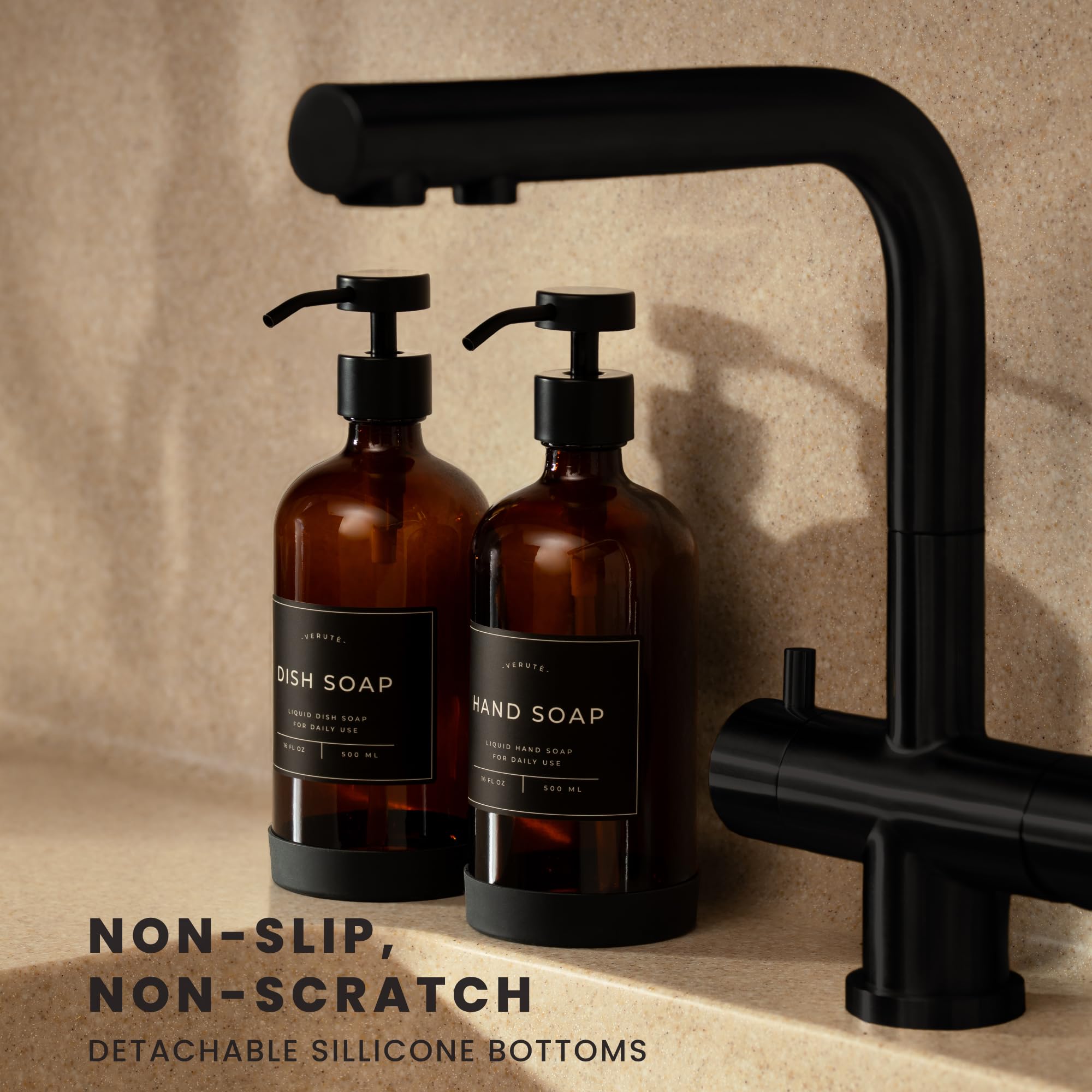 Verute dish soap dispenser amber bottle with black pump for organized sink