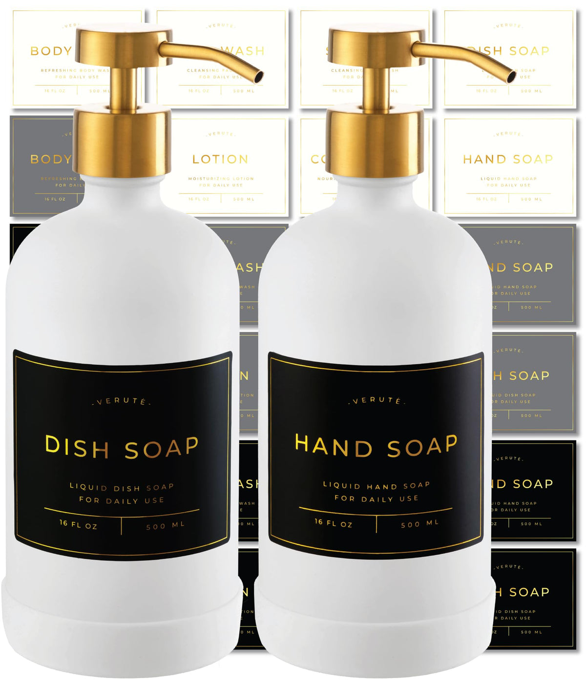 Verute hand soap dispenser with amber bottle for organized kitchen counters