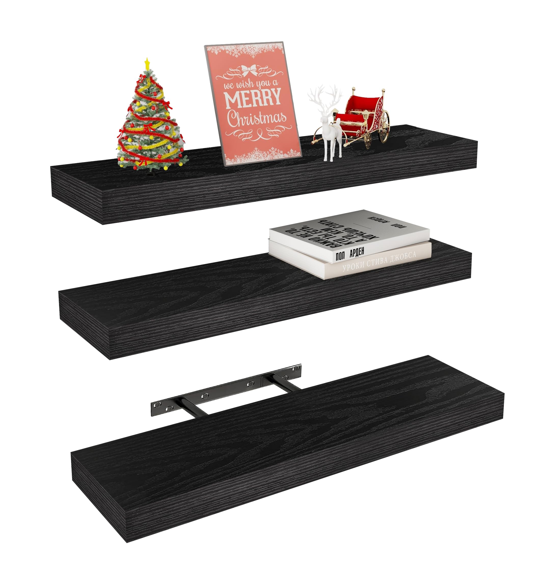 Vervida black floating shelves with invisible brackets on wall for a sleek living room display