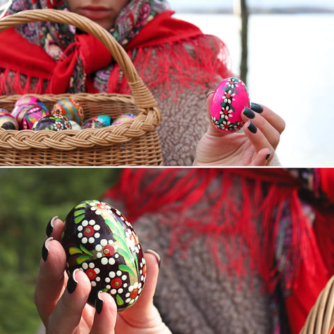 VESPLO pysanky display ideas inspire baskets, shelves, and gift setups