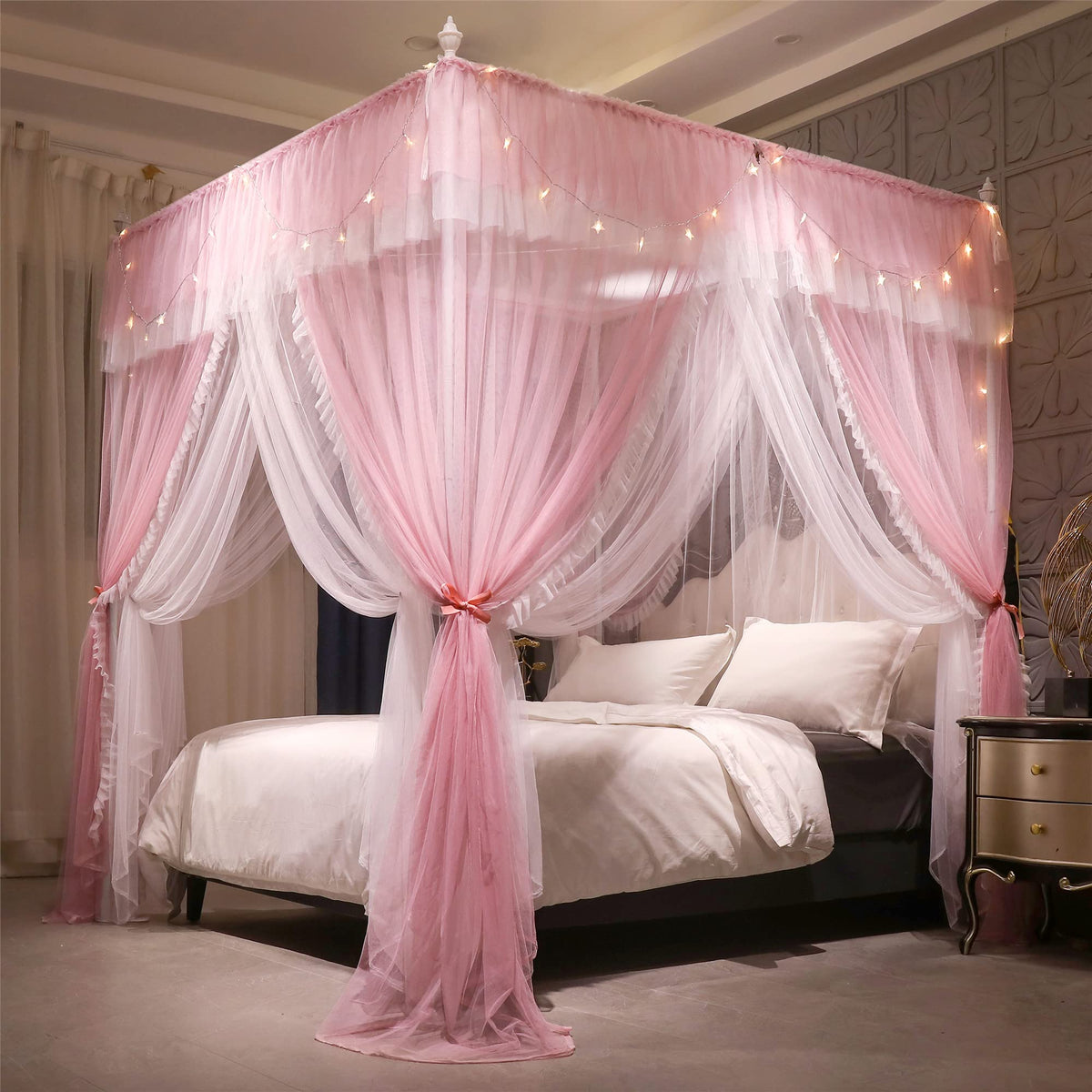 VETHIN 4-corners canopy in rose pink fabric enhances elegant bedroom décor