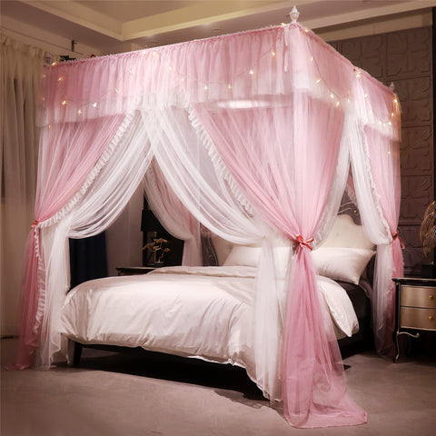 VETHIN 4 Corners princess canopy with a ruffle top adds cozy bedroom charm.