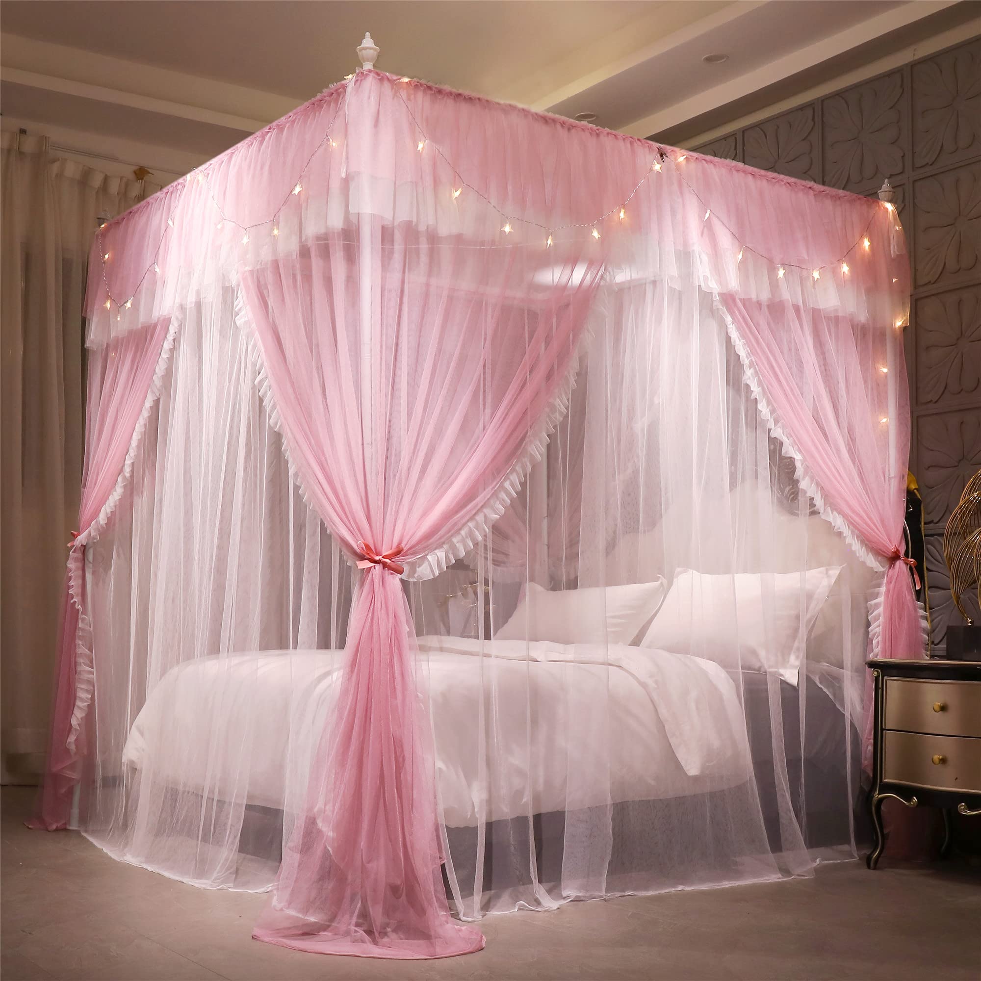 VETHIN pink and white canopy brightens the bedroom with romantic flair.