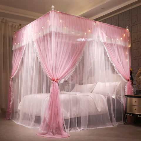 VETHIN pink and white canopy brightens the bedroom with romantic flair.