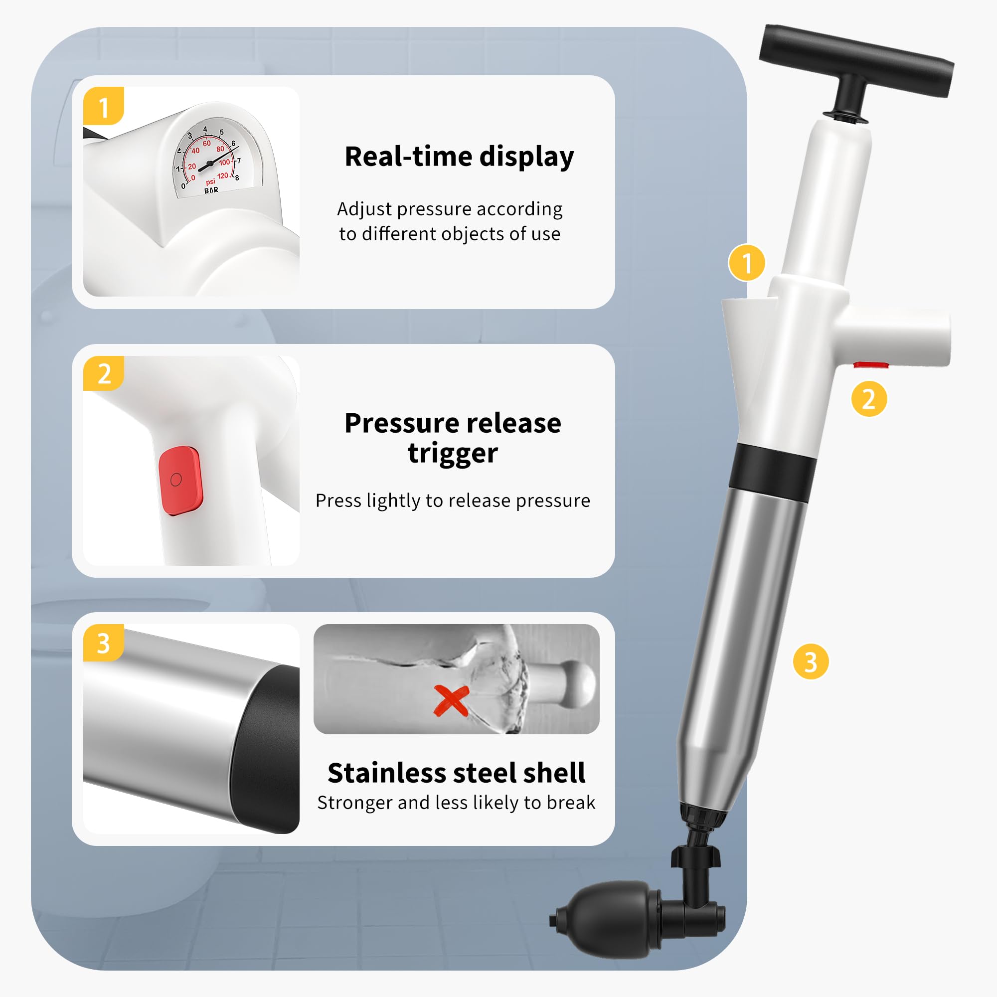 VEUIEIZT plunger heads three ways enable tackling different clogs easily.