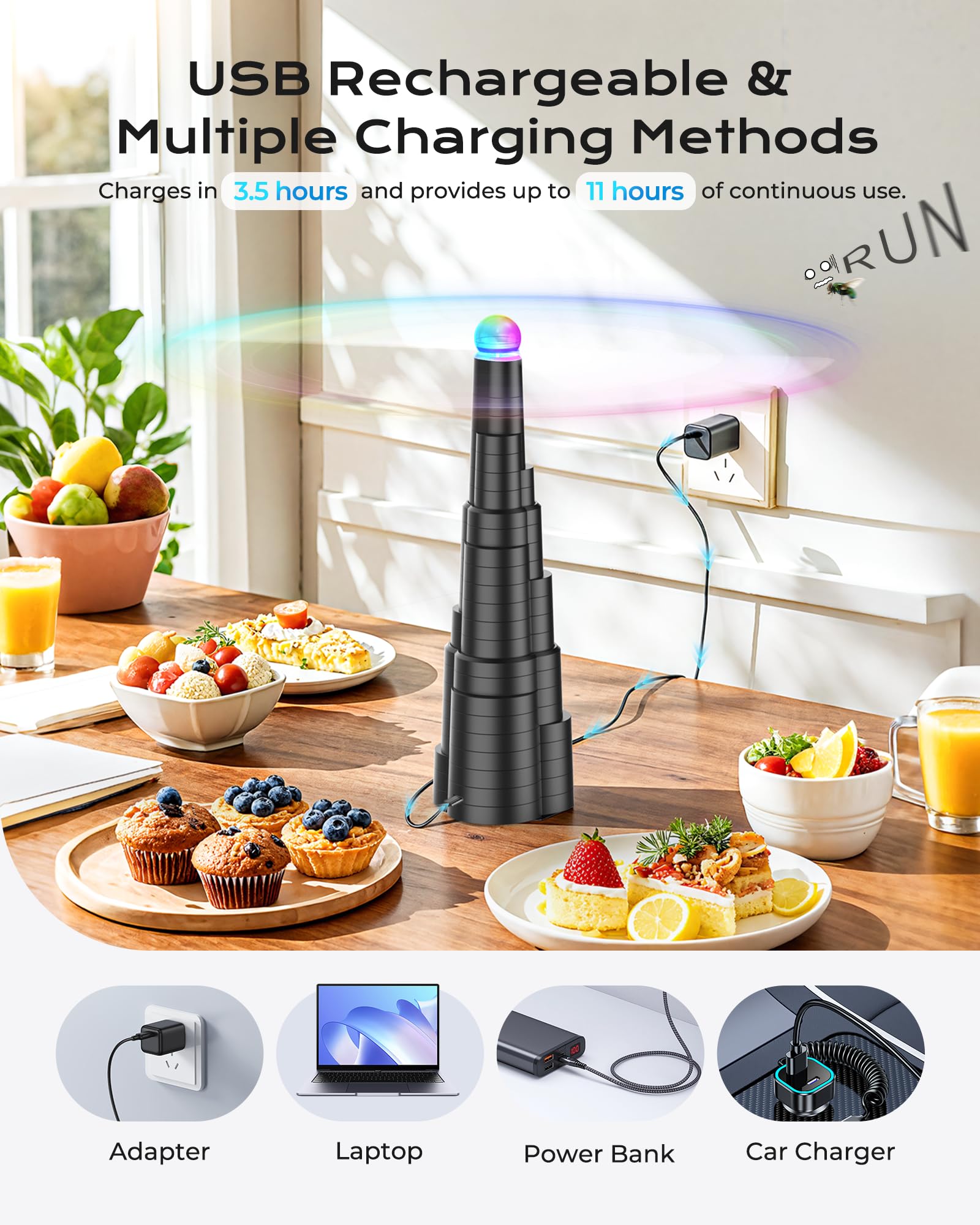 VEUIEIZT fly fan LED light ball adds ambient glow to meals.