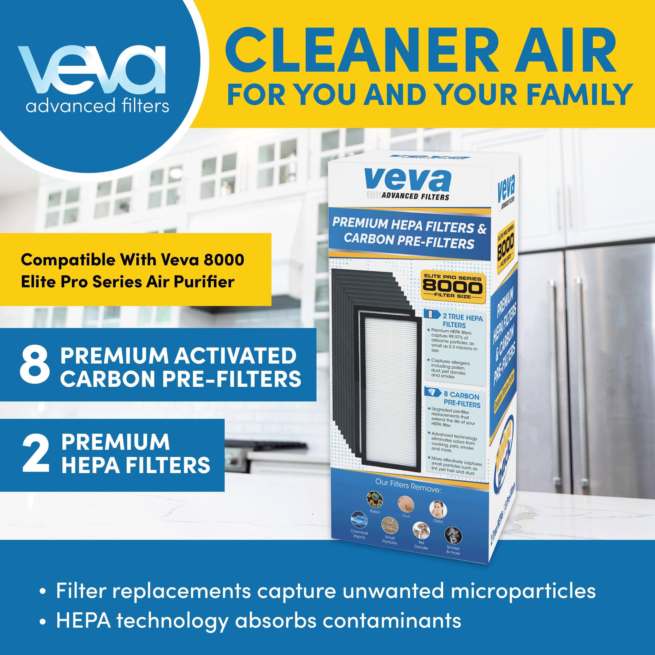 VEVA 8000 Elite Pro HEPA filters trio ready to capture fine particles.