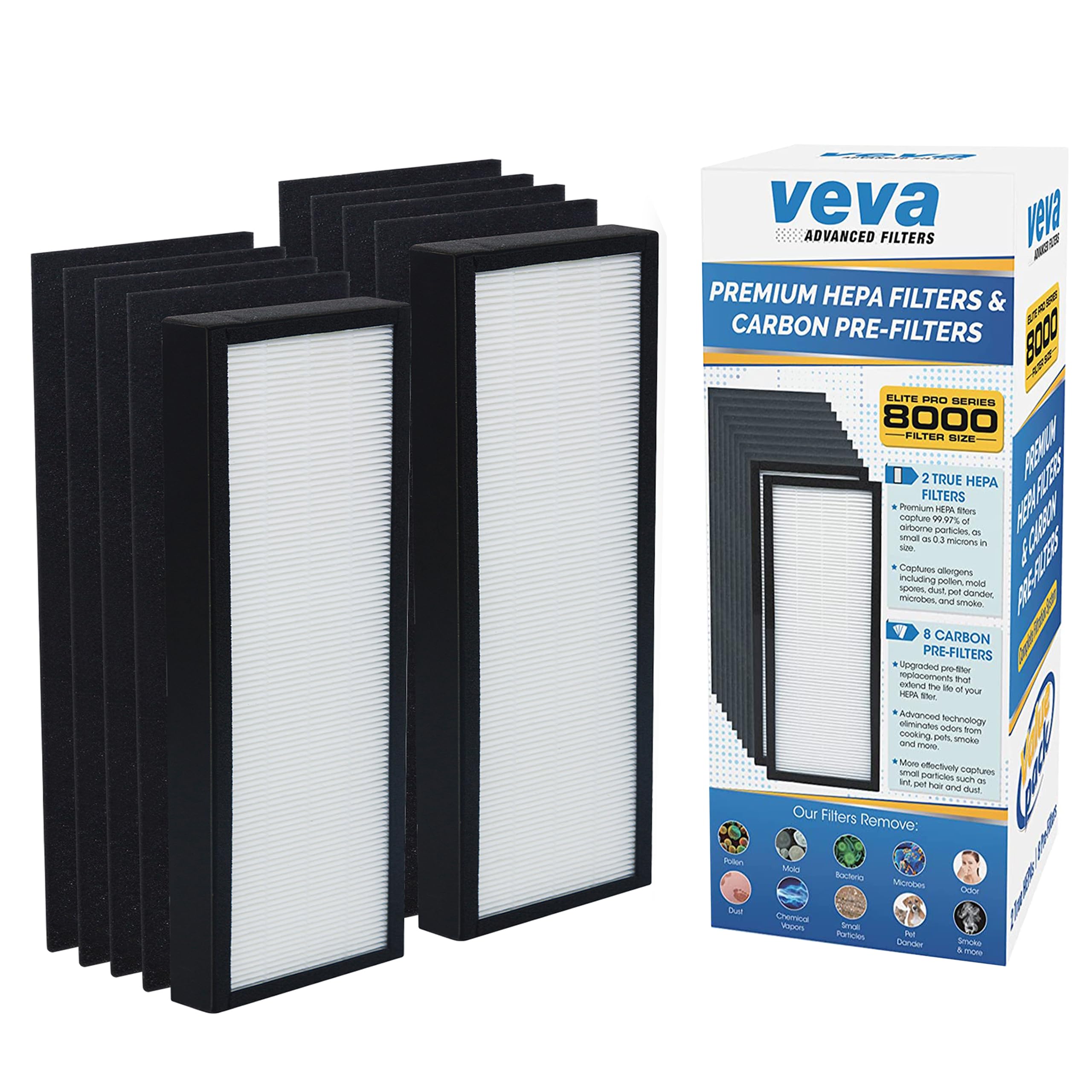 VEVA 8000 Elite Pro packaging shows complete filter kit for easy replacements.