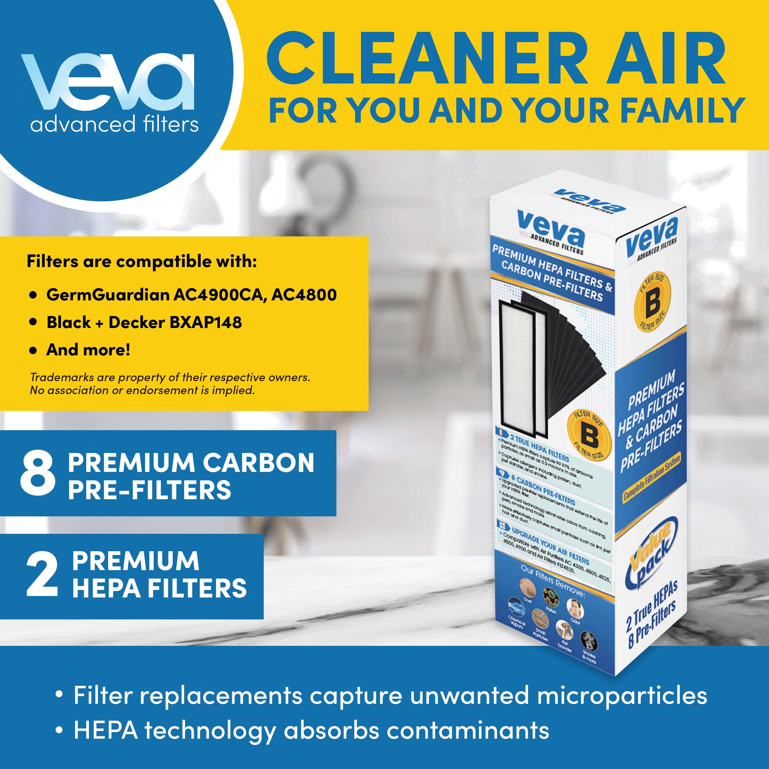 VEVA carbon pre-filter eight-pack helps absorb odors and pollutants