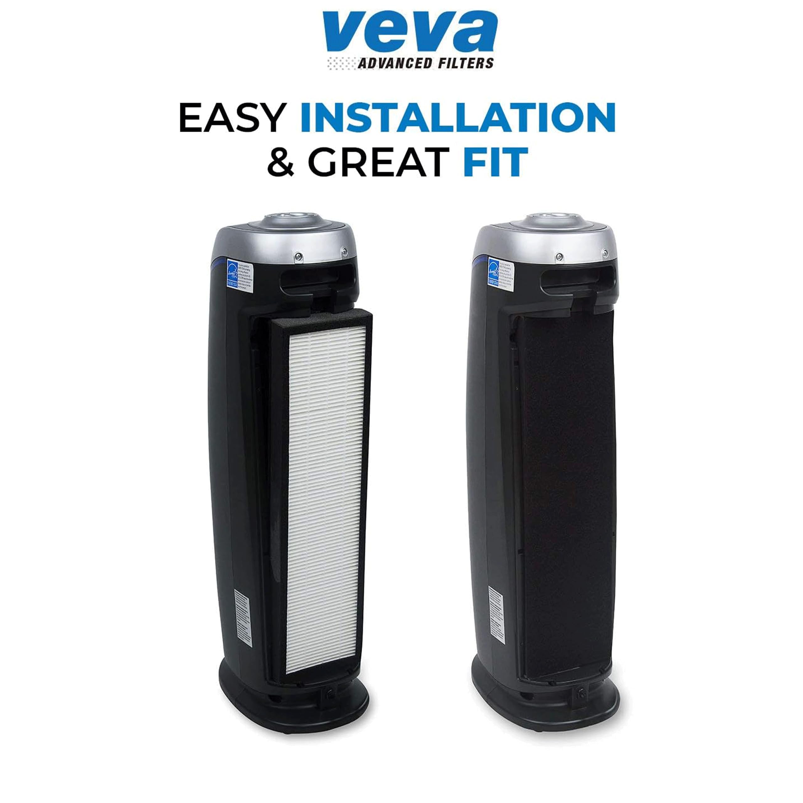 VEVA Filter B quick-install guide scene with step-by-step labels.