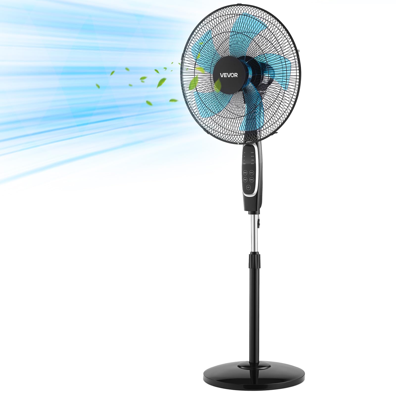 VEVOR 18-Inch Pedestal Fan front view shows wide air distribution for living spaces