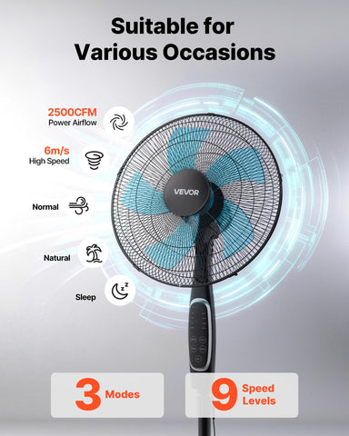 VEVOR 18-Inch Pedestal Fan side view suitable for workshops and garages