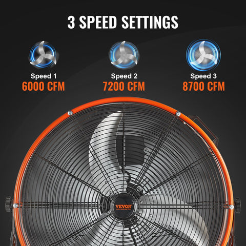 VEVOR 24-inch drum fan top view emphasizing stable base and layout.