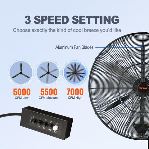 VEVOR fan with mist option illustrates refreshing outdoor cooling via faucet hookup.