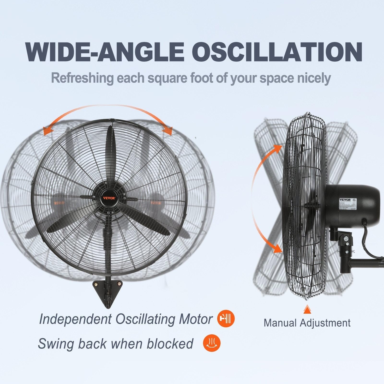 VEVOR wall fan oscillation range covers wide areas for versatile indoor use.