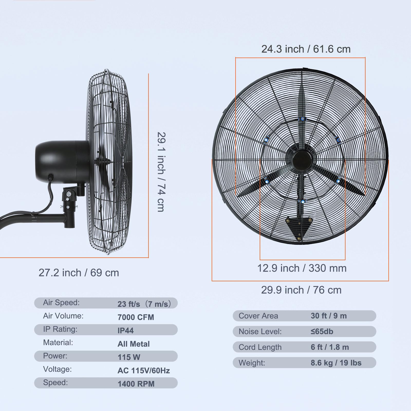 VEVOR 24-inch fan tilt angle highlights adjustable airflow for targeted cooling.