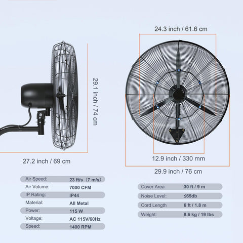 VEVOR 24-inch fan tilt angle highlights adjustable airflow for targeted cooling.