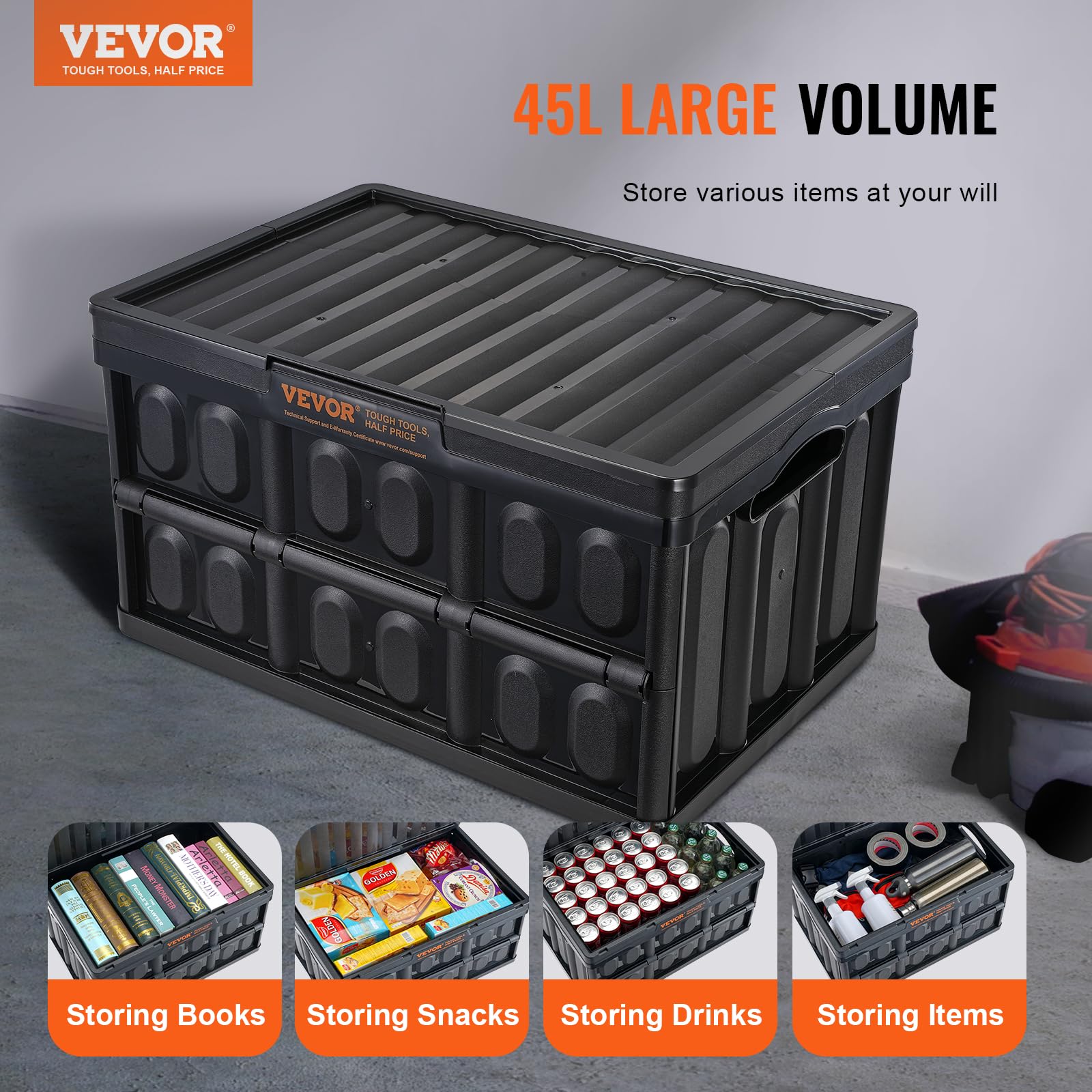 VEVOR 45L collapsible bin with lids closed for compact storage when not in use.