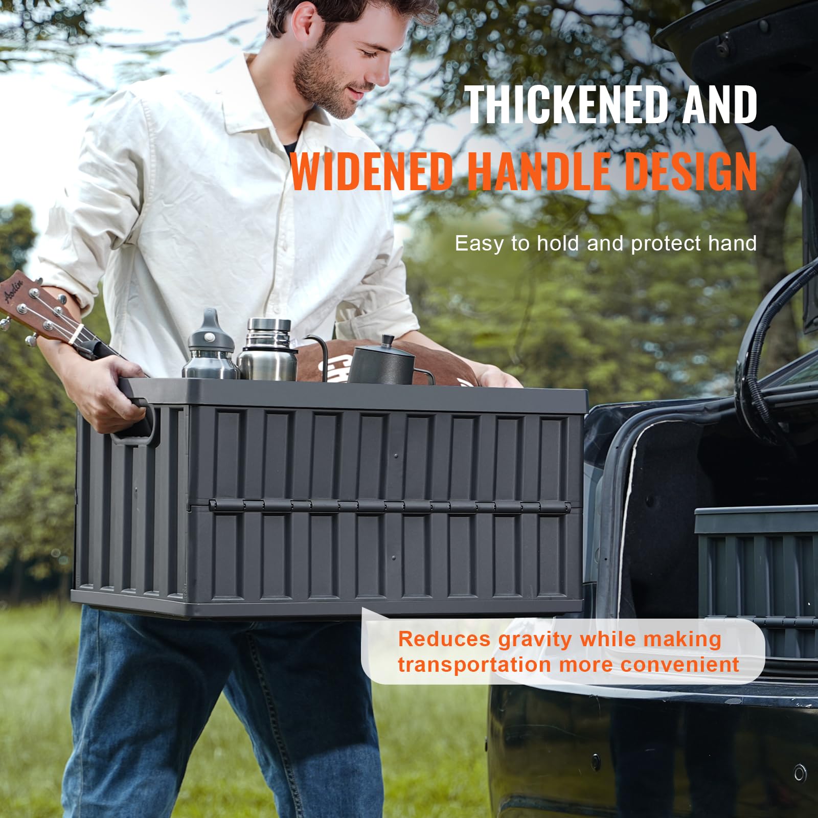 VEVOR 65L collapsible storage bin in car trunk for organized groceries.