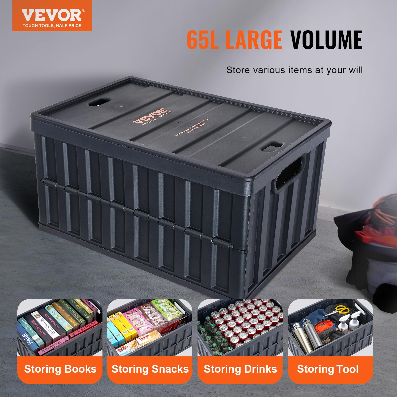 VEVOR 65L collapsible storage bin with lid open for quick access to contents.