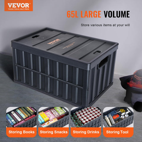 VEVOR 65L collapsible storage bin with lid open for quick access to contents.