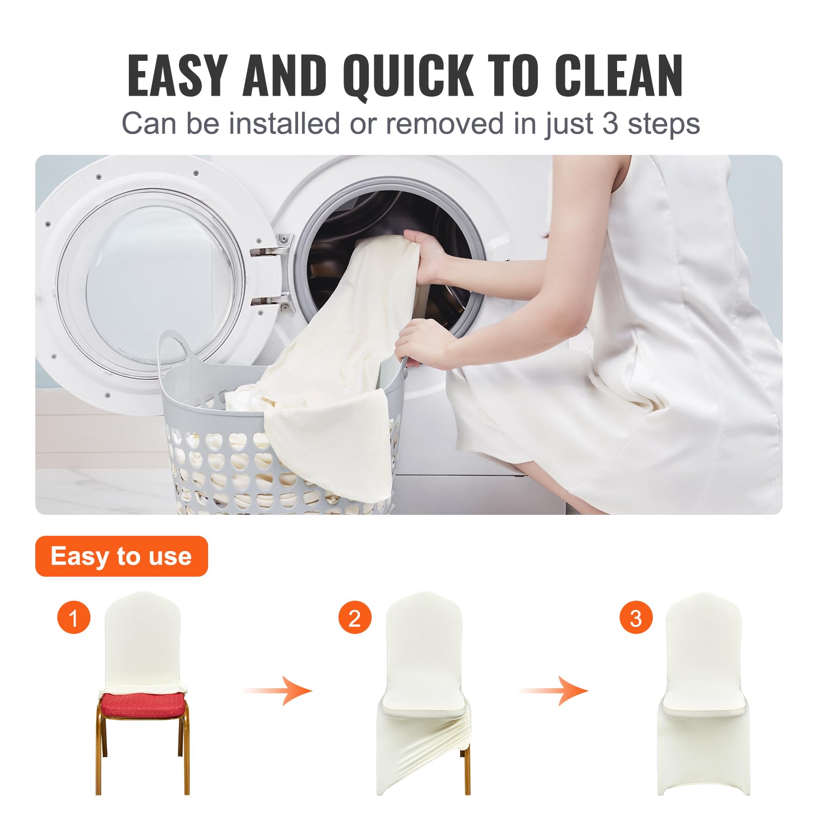 VEVOR beige chair covers easy installation over dining chairs, quick transformation.