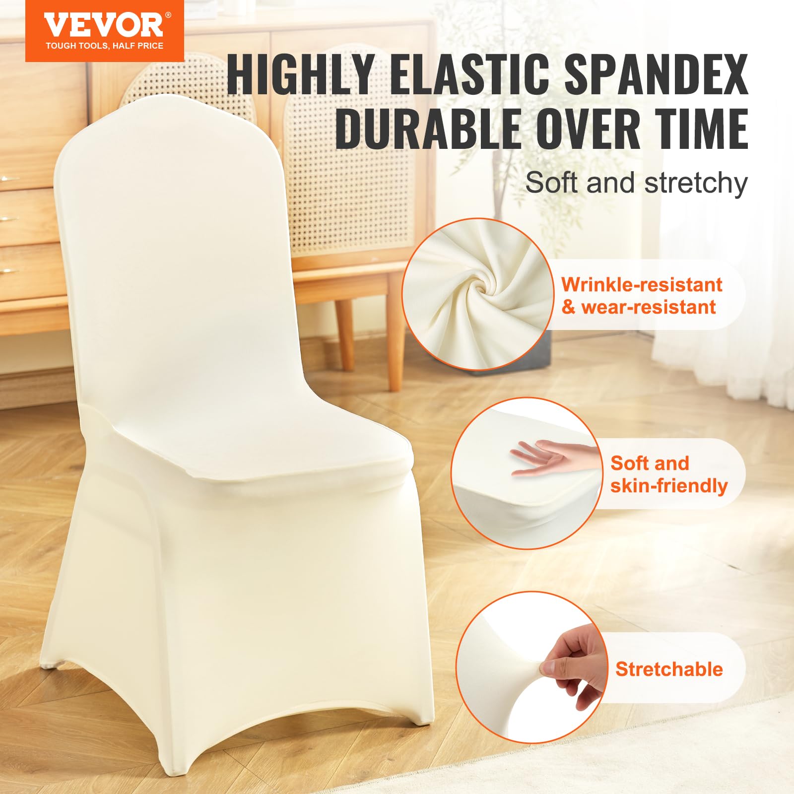 VEVOR beige chair covers fabric close-up showing high stretch for snug fit.
