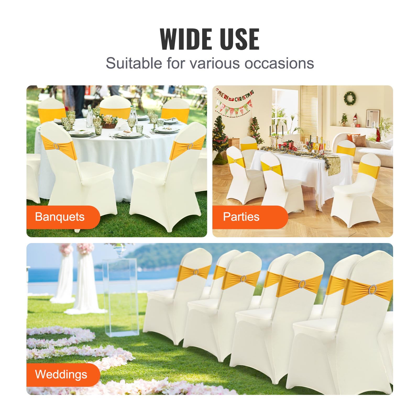 VEVOR beige chair covers ideal for weddings and banquets, complementing decor.
