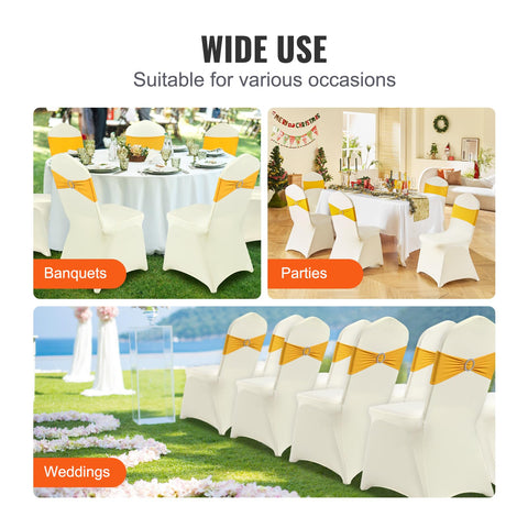 VEVOR beige chair covers ideal for weddings and banquets, complementing decor.
