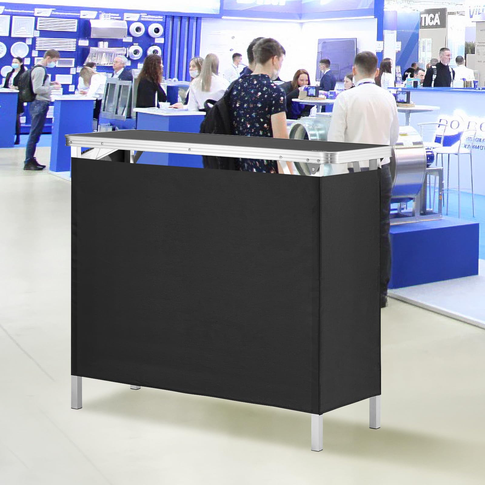 VEVOR black trade show skirt around counter enhances professional presentation.