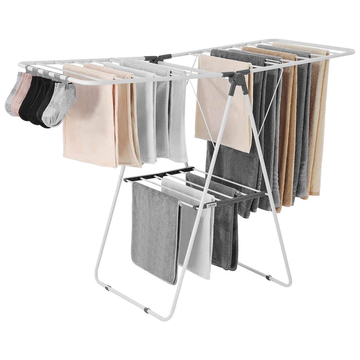 VEVOR clothes drying rack overview showing two-tier design for versatile indoor and outdoor drying.