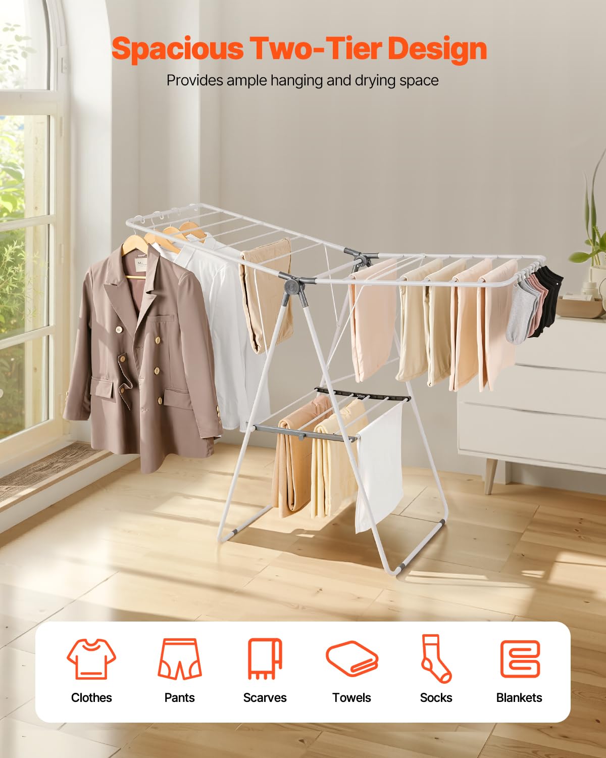 VEVOR rack side angle demonstrates height adjustability for long garments.