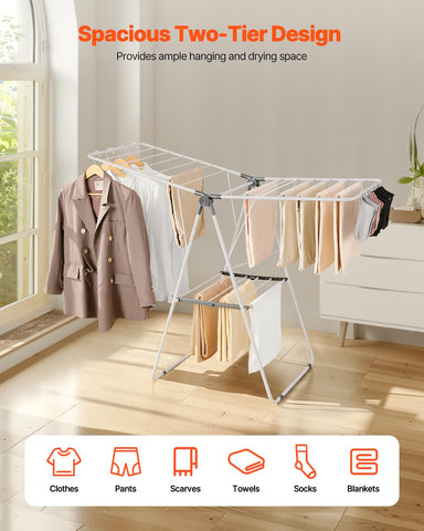 VEVOR rack side angle demonstrates height adjustability for long garments.