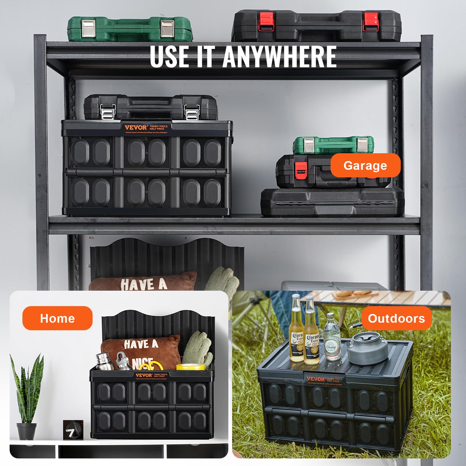 VEVOR collapsible bin on a camping trip, portable and versatile cargo organizer.