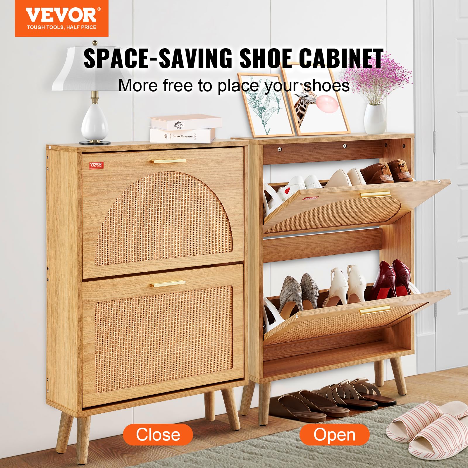 VEVOR entryway storage with rattan doors blends style and concealed shoe storage.