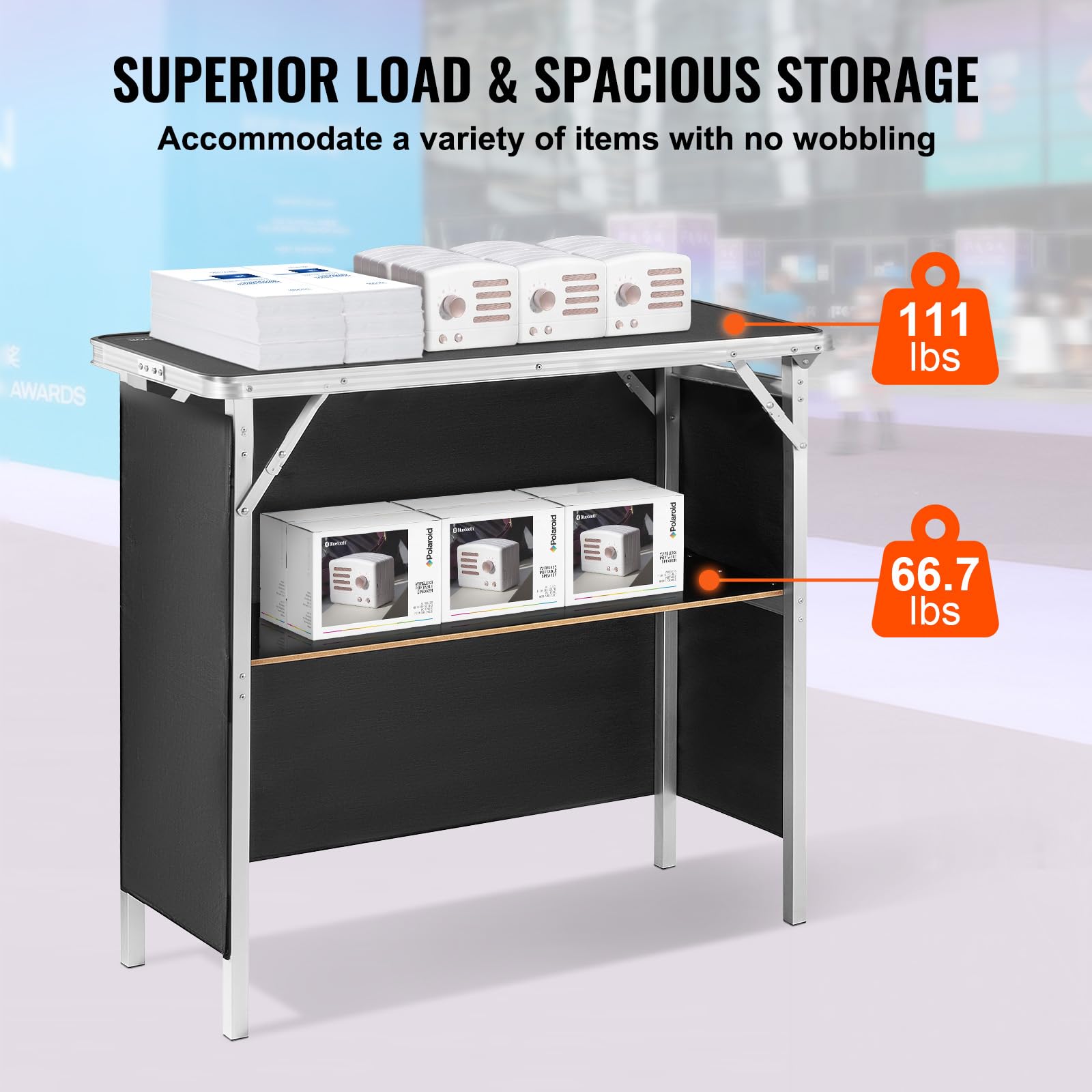 VEVOR exhibition counter with storage shelf highlights convenient organization at events.