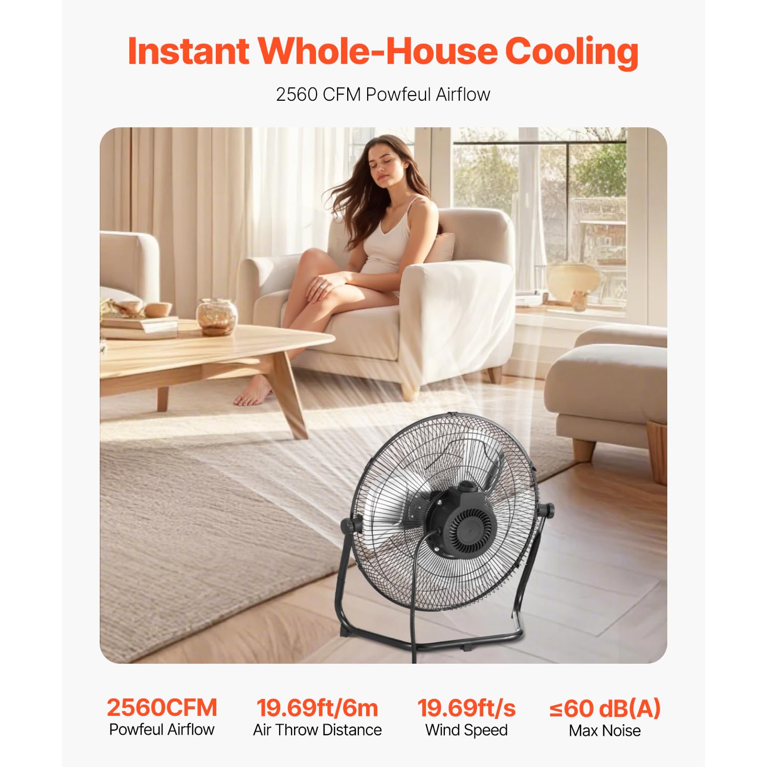 VEVOR floor fan 14-inch heavy-duty side view shows robust metal grill for durability in busy areas.