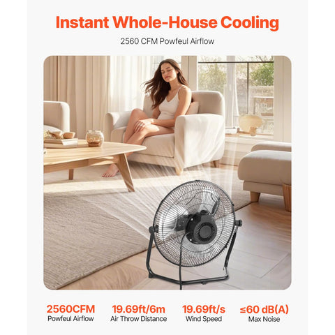 VEVOR floor fan 14-inch heavy-duty side view shows robust metal grill for durability in busy areas.