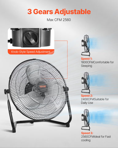 VEVOR floor fan tilt-adjust demonstrates 360-degree airflow control.