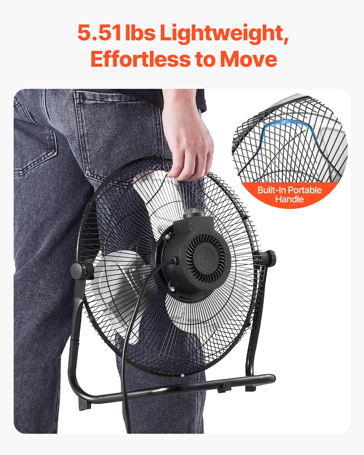VEVOR floor fan built-in handle facilitates easy transport and placement.