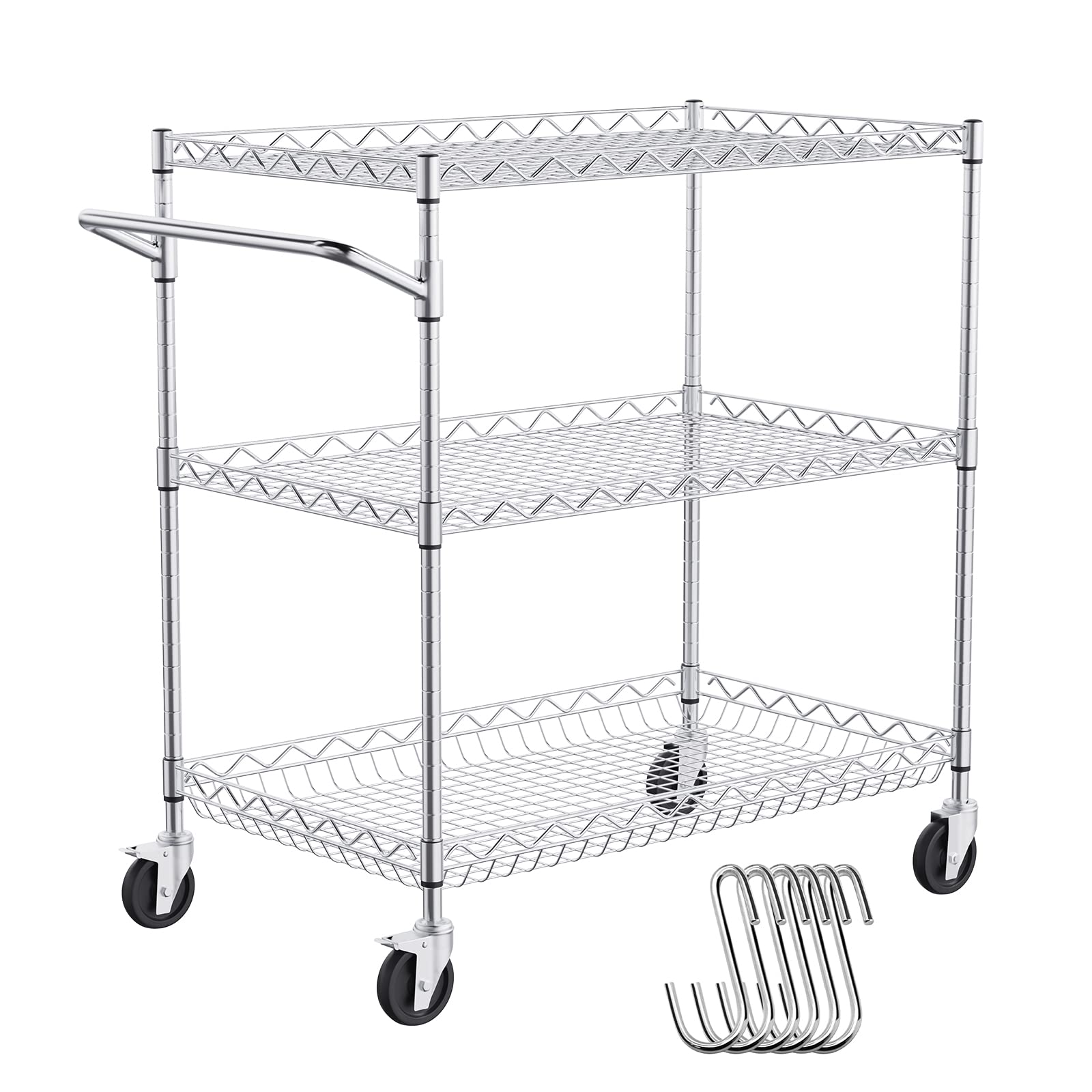 VEVOR kitchen utility cart on wheels, three-tier steel frame for versatile storage and easy mobility.