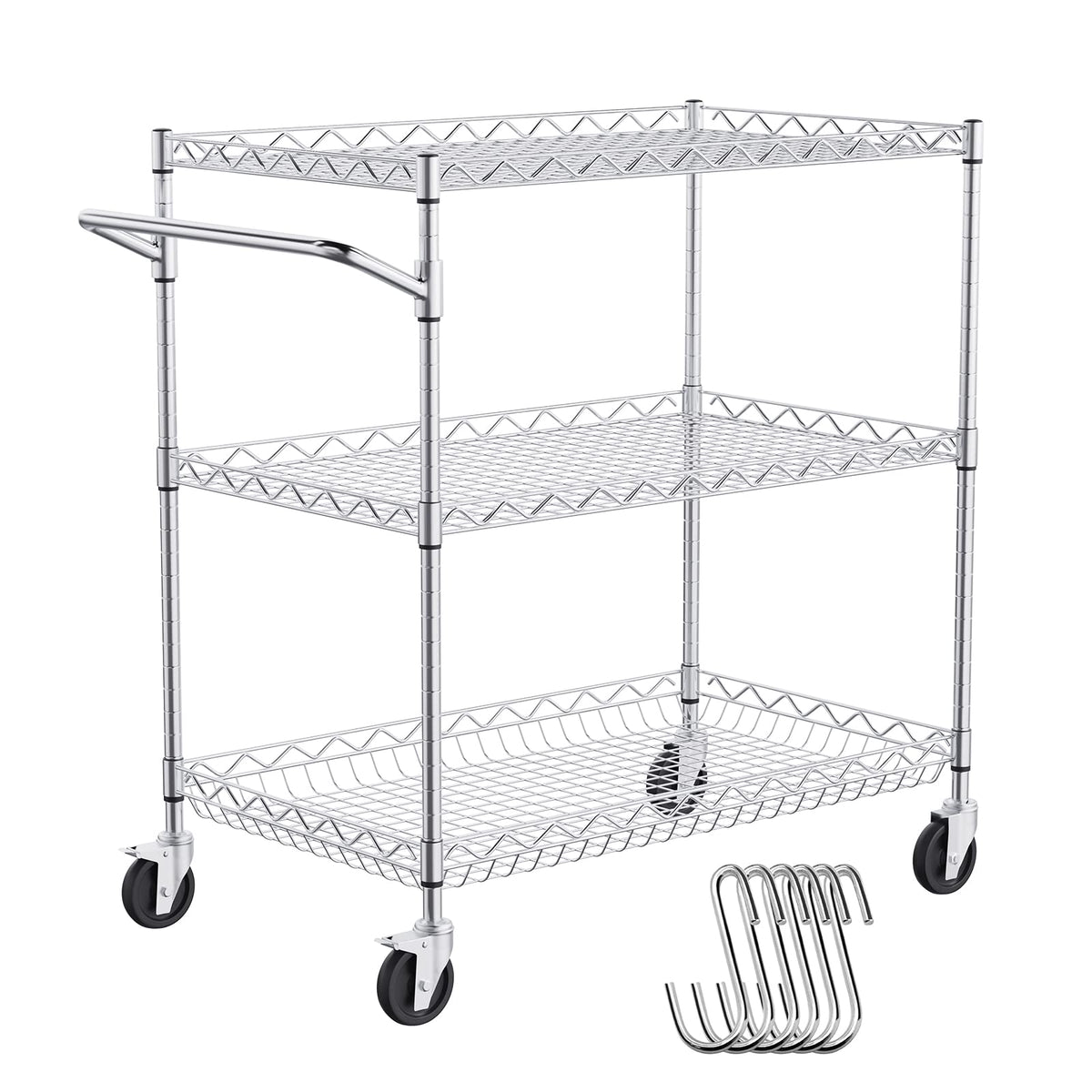 VEVOR kitchen utility cart on wheels, three-tier steel frame for versatile storage and easy mobility.