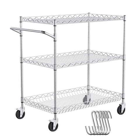 VEVOR kitchen utility cart on wheels, three-tier steel frame for versatile storage and easy mobility.